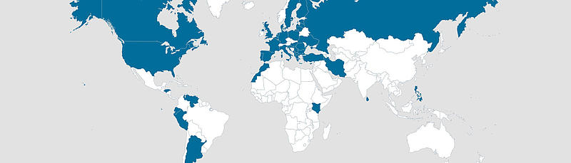 Shows a world map with the countries highlighted were FRS' employees are coming from..